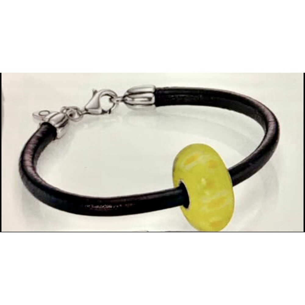 Pandora Yellow Blossom XL Murano Black Leather Bracelet - 7.3” -HTF -New in Pkg.